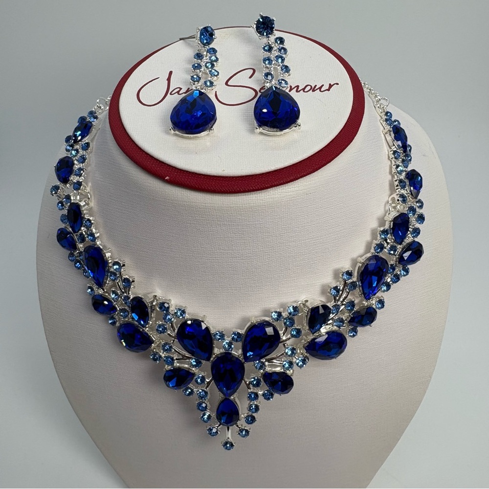Blue Crystal Bib Statement Necklace and Earring Set For Bridal Prom Pageant